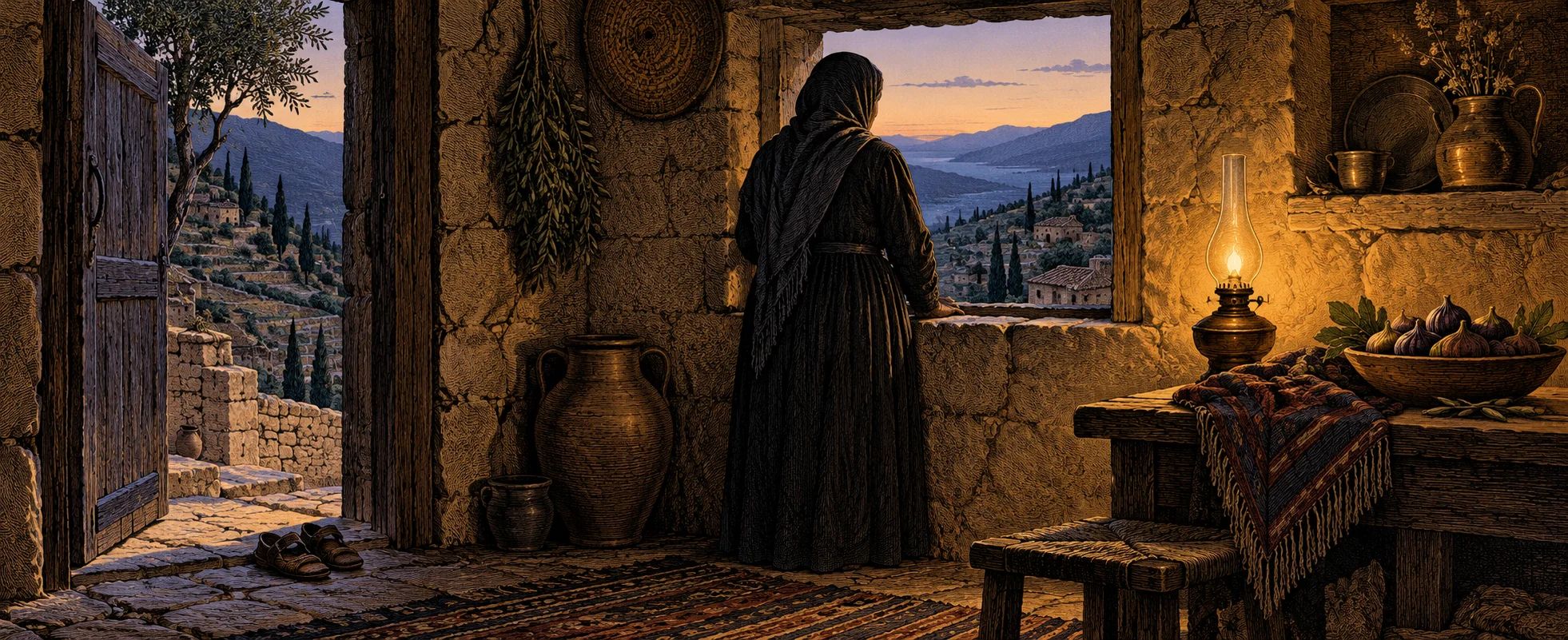 In a lamplit stone village house in the Lebanese mountains, a mother in a dark dress and headscarf, seen from behind, looks out of the window over terraced hills and cypresses at dusk.