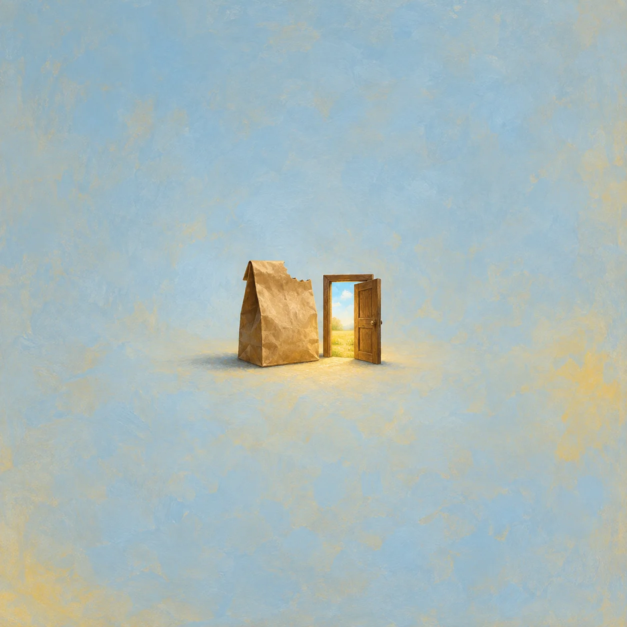 A brown paper bag with a jagged notch stands beside a tiny open wooden door.