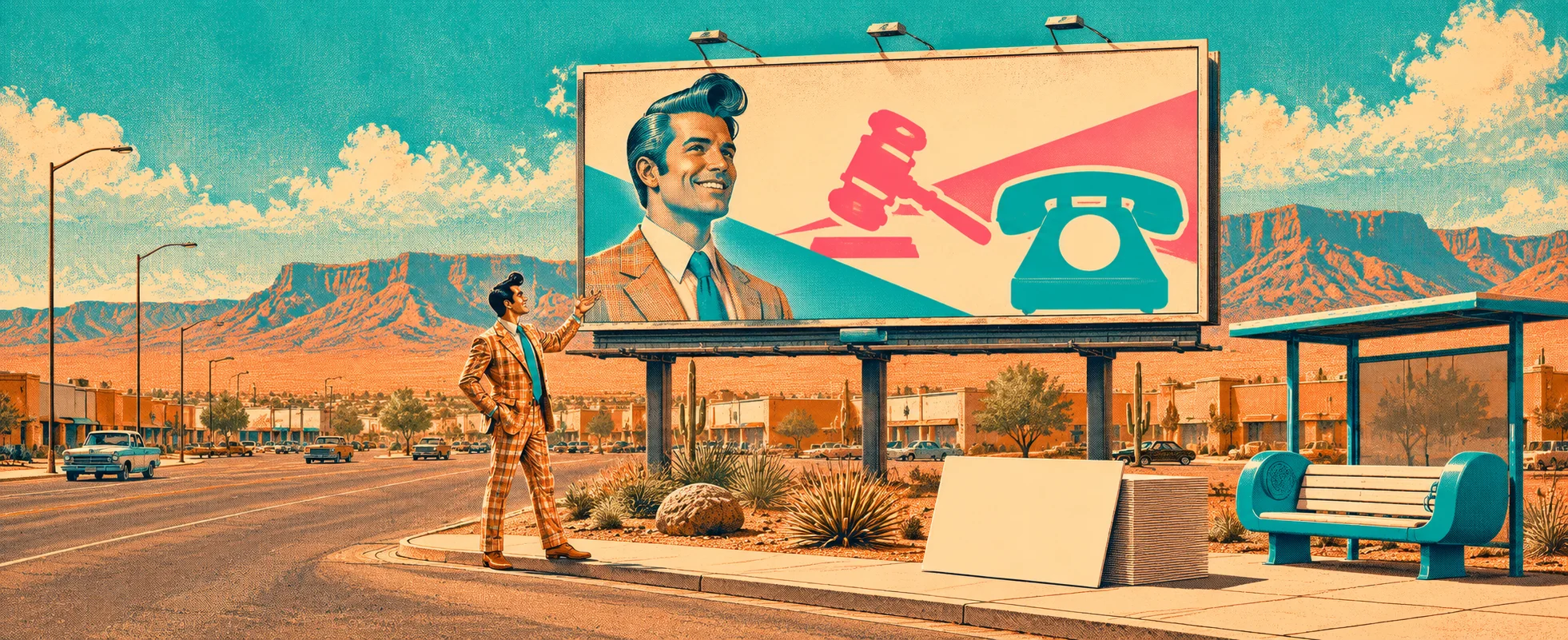 A man in a loud checked suit gestures at a giant turquoise-and-pink lawyer's billboard with a gavel and telephone beside a bus-stop bench on a sunny desert boulevard.