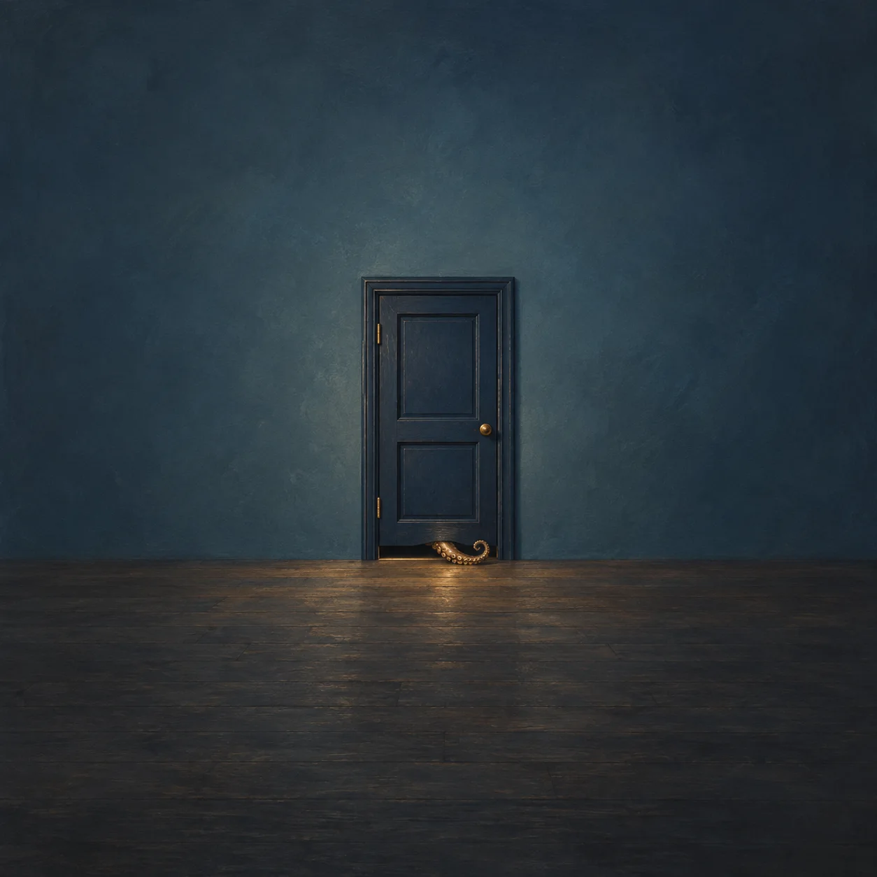 Painterly closed navy door with a small curled golden tentacle emerging beneath it.