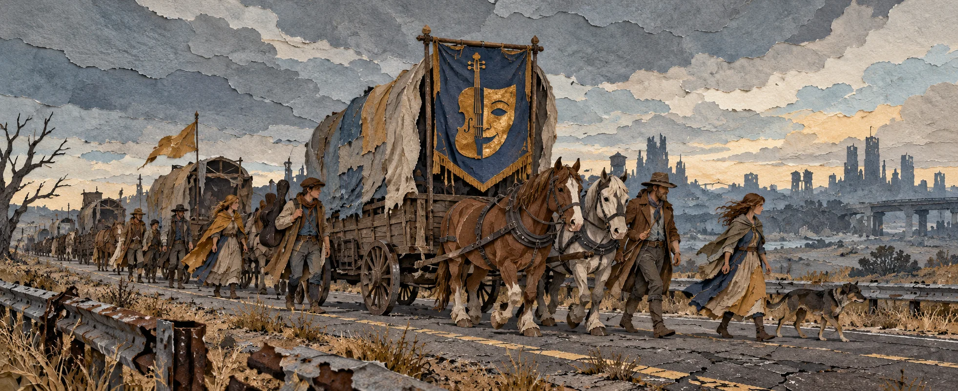 A caravan of horse-drawn wagons with a theatre-mask banner travels an empty broken highway past a ruined city skyline.