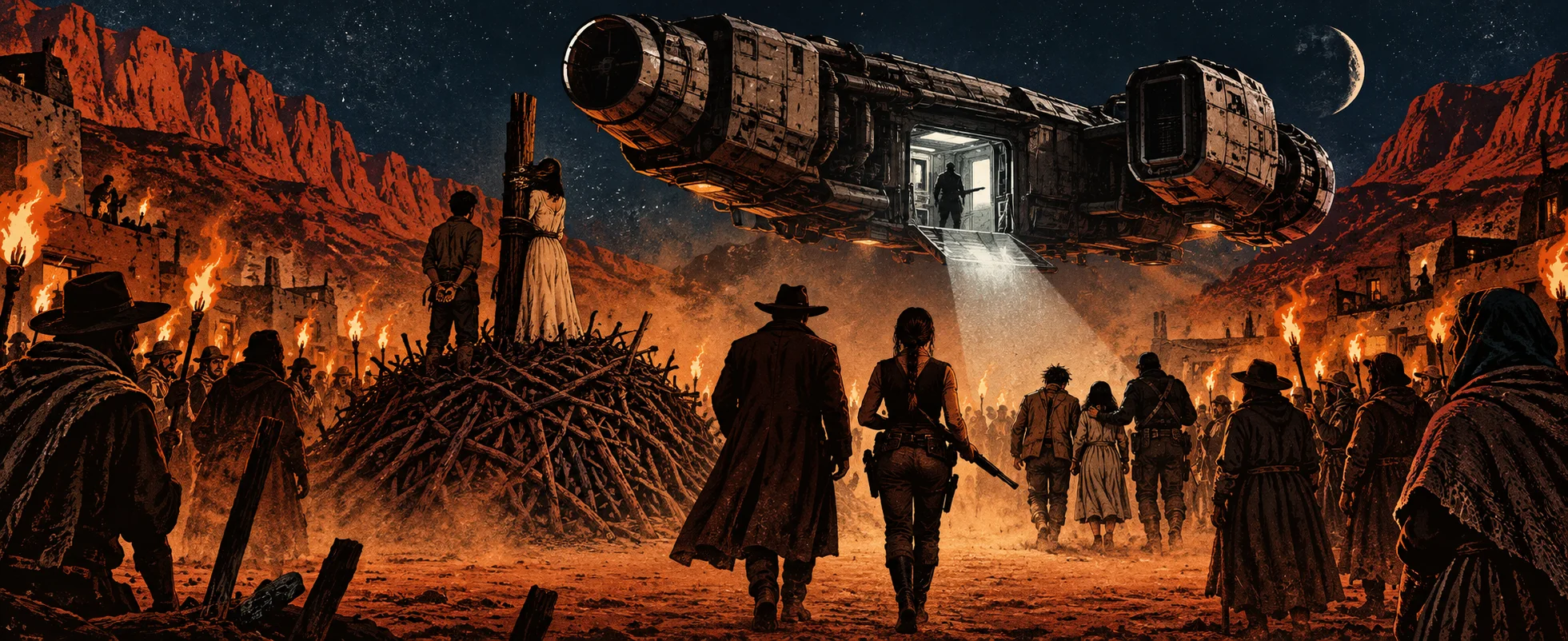 Two figures in long coats walk through a torchlit crowd toward a girl tied to a pyre as a battered spaceship hovers overhead, its ramp open.