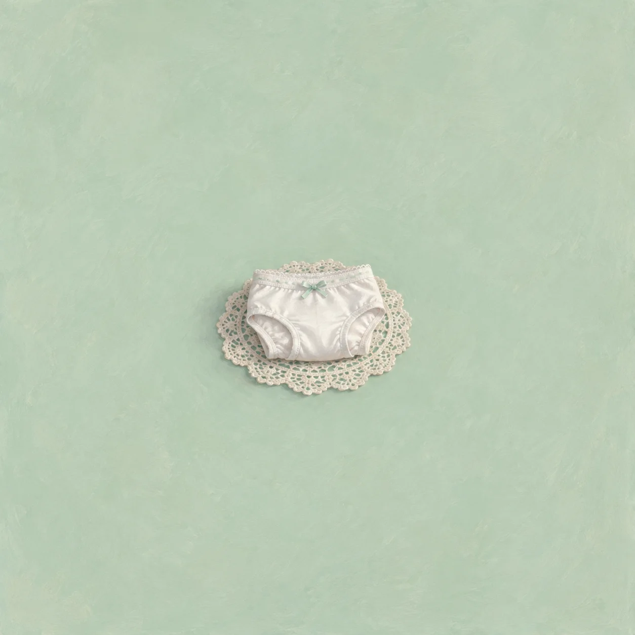 Folded white underpants centered on a lace doily