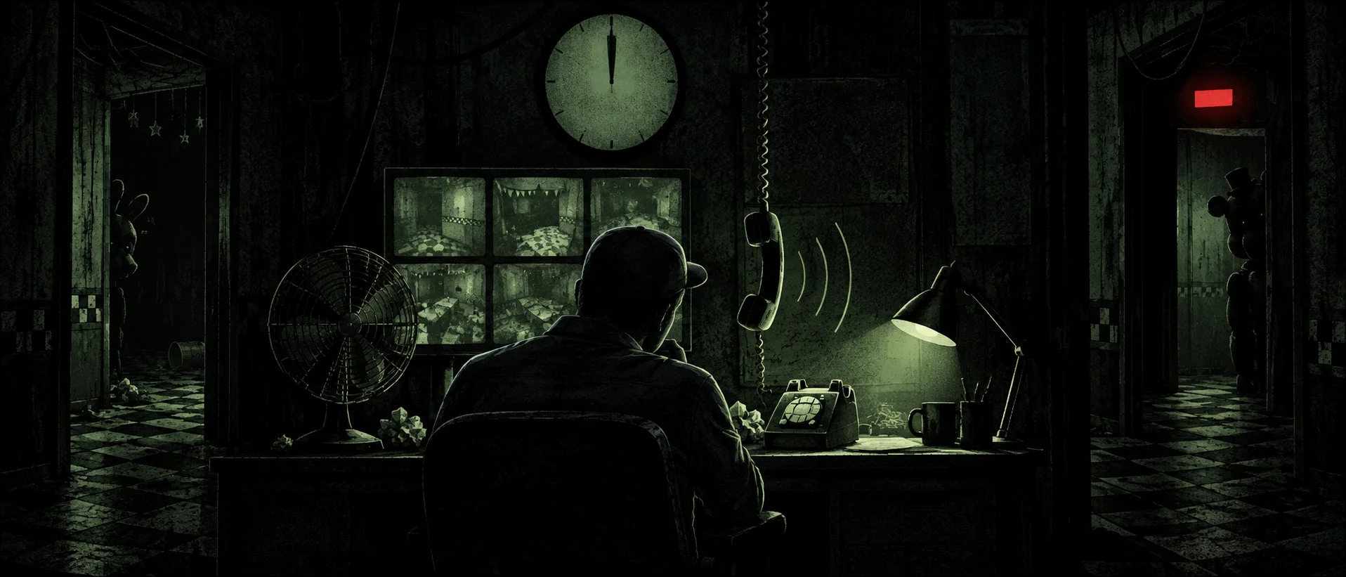 A night guard sits at a desk of security monitors in a dark office as a phone rings beside him.