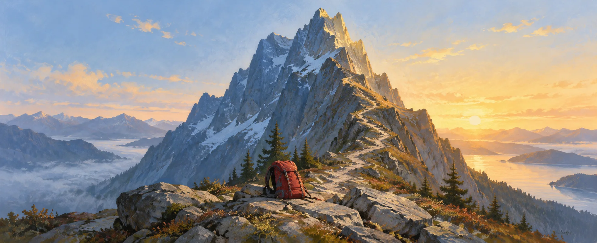 A small red climbing pack sits beneath a steep blue mountain face, with a narrow path rising into morning light.