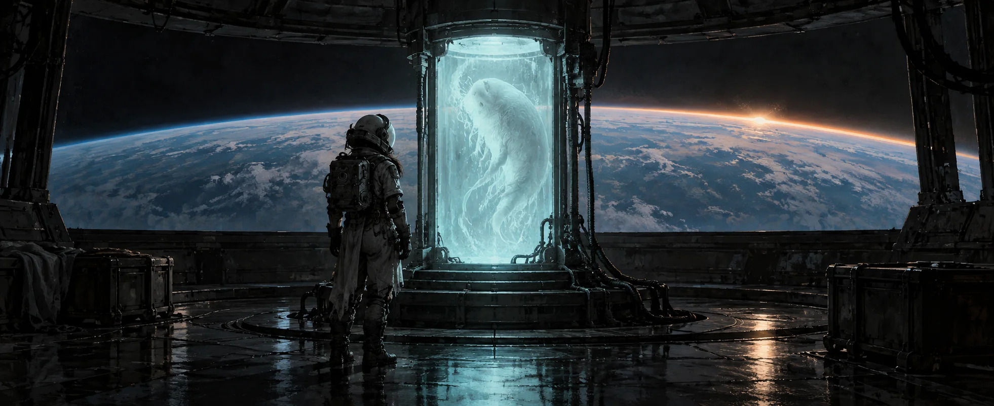 An armoured bounty hunter stands before a glowing specimen tank on an orbital station above a planet.