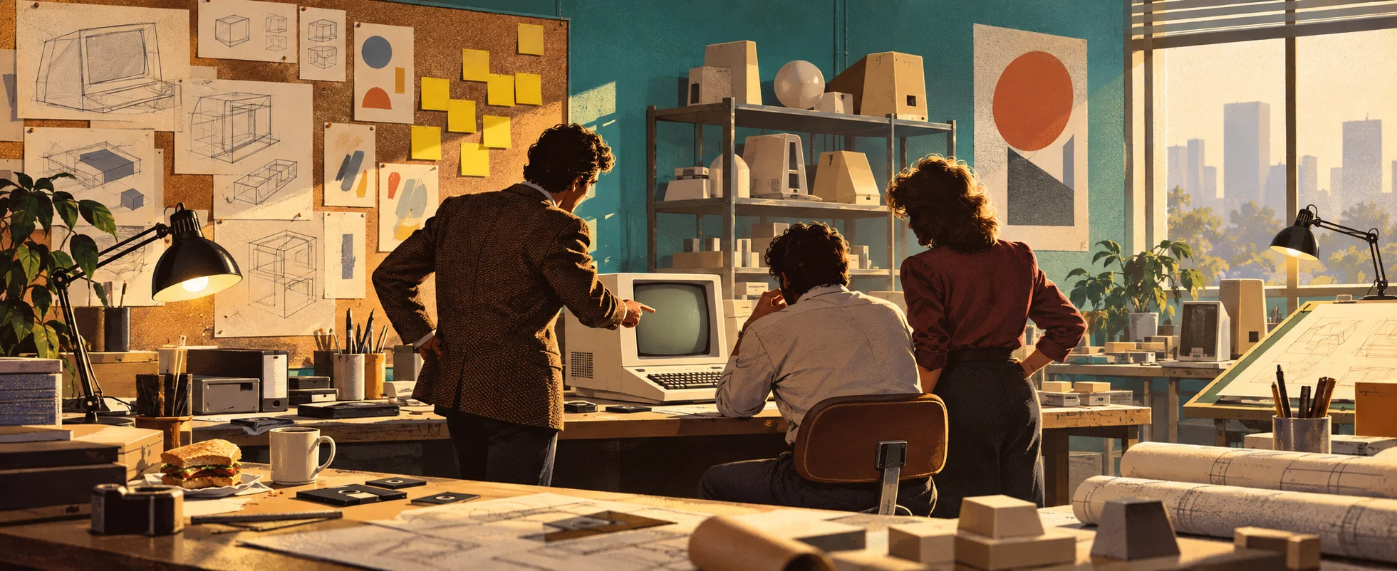 Designers crowd around a boxy beige prototype computer in a sunlit early-1980s studio of sketches and foam models.