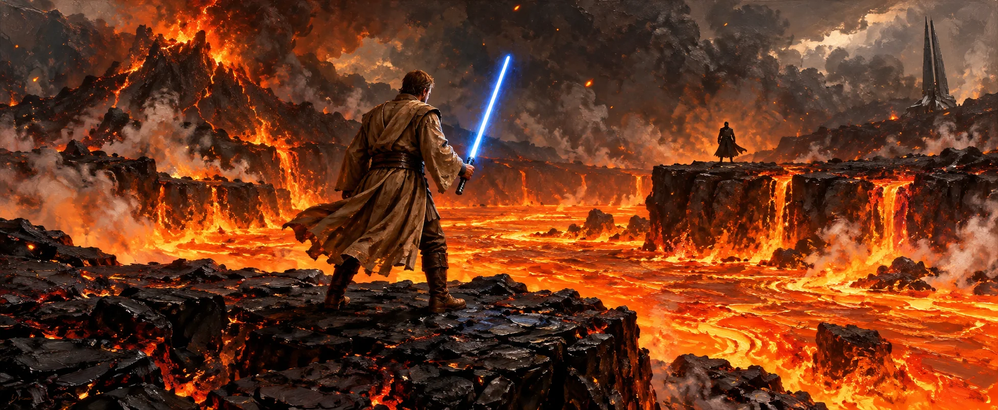 A robed figure stands on a black volcanic bank above a river of glowing lava under an ash-dark sky.