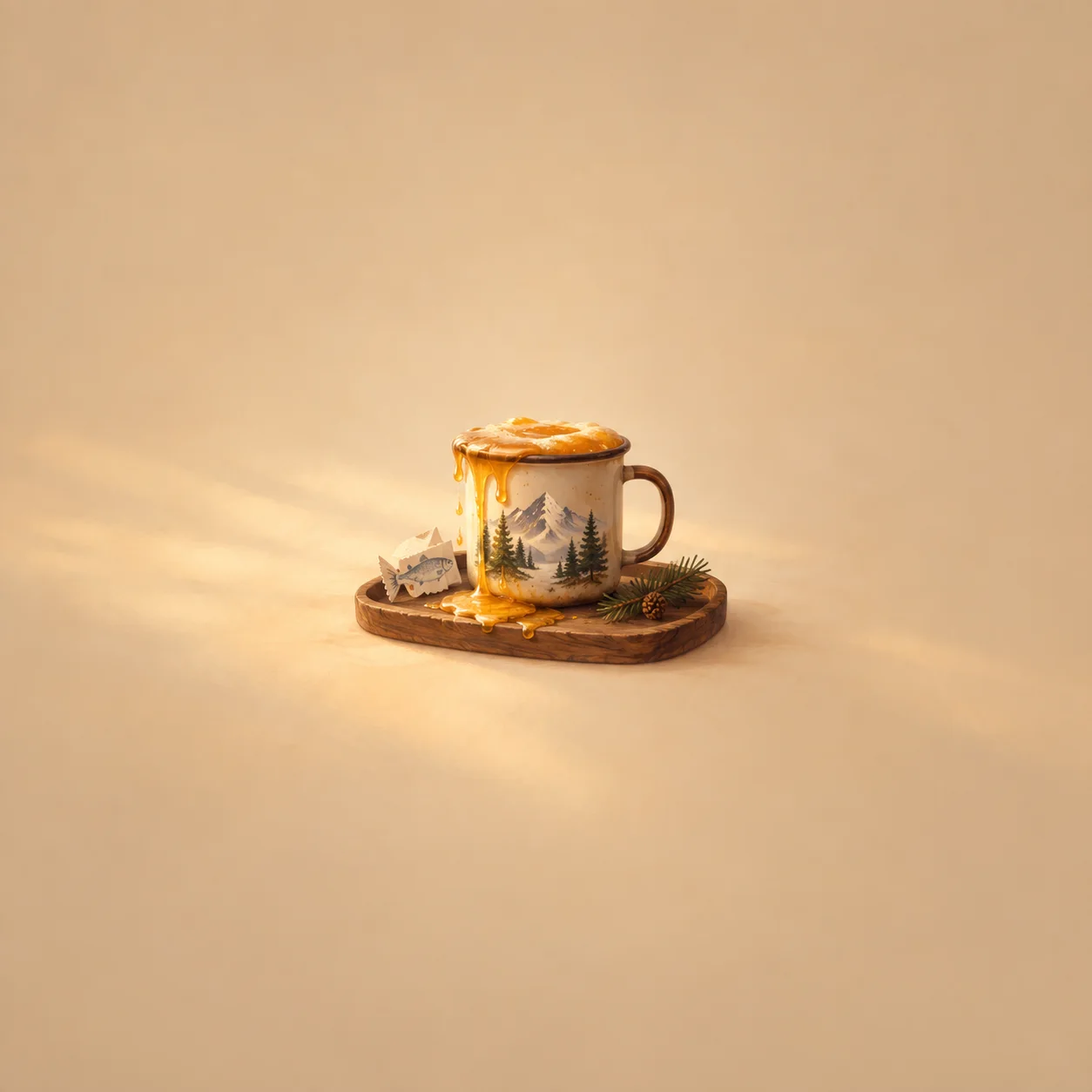 Amber foam overflows from a tree-patterned mug on a wooden tray beside a small paper fish and greenery.