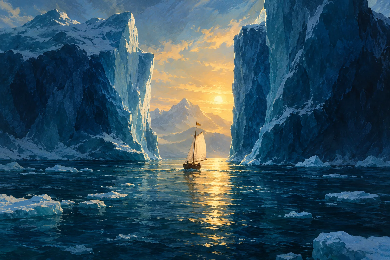 A small ochre sailboat with a pale sail passes between tall blue icebergs towards golden sunlight.