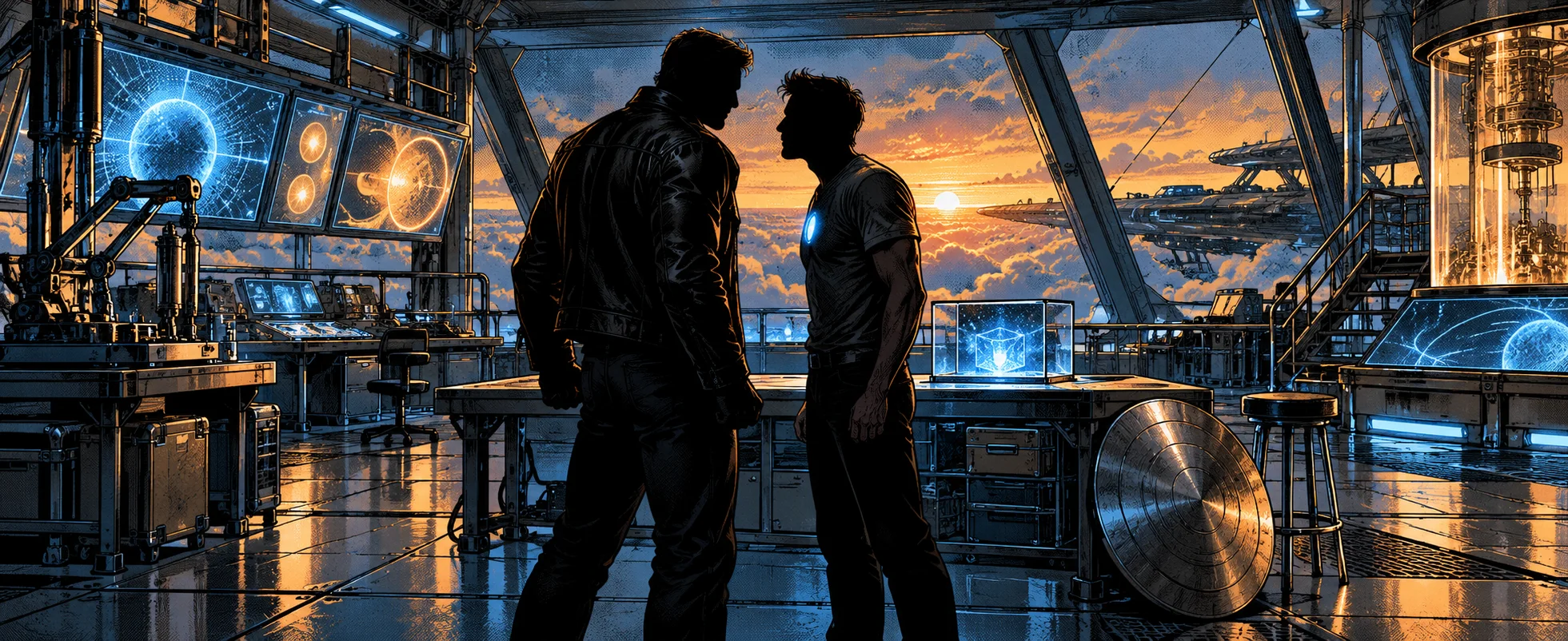 Two men stand toe to toe in a heated argument in an airborne lab of glowing screens, a round shield leaning on a bench.