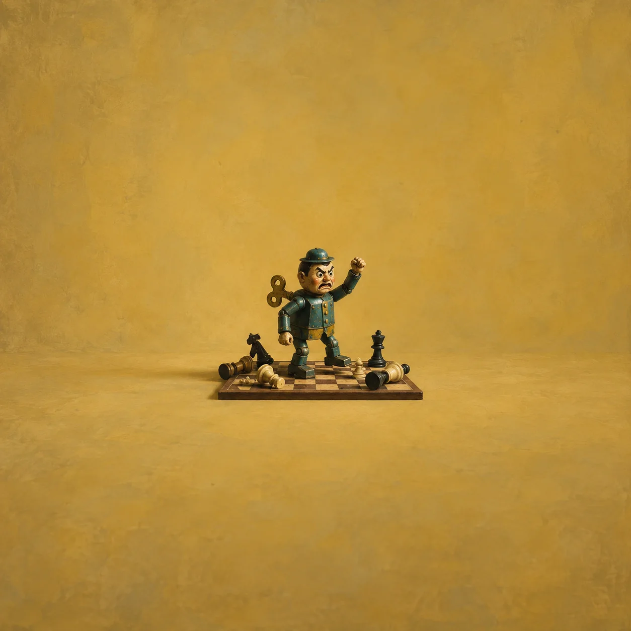 Painterly green wind-up toy man raising one arm on a chessboard with fallen pieces against ochre.