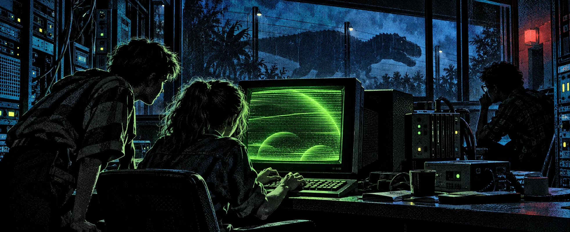 A girl types at a glowing green computer terminal in a dark control room as her brother leans over her shoulder and a dinosaur shadow passes the window.