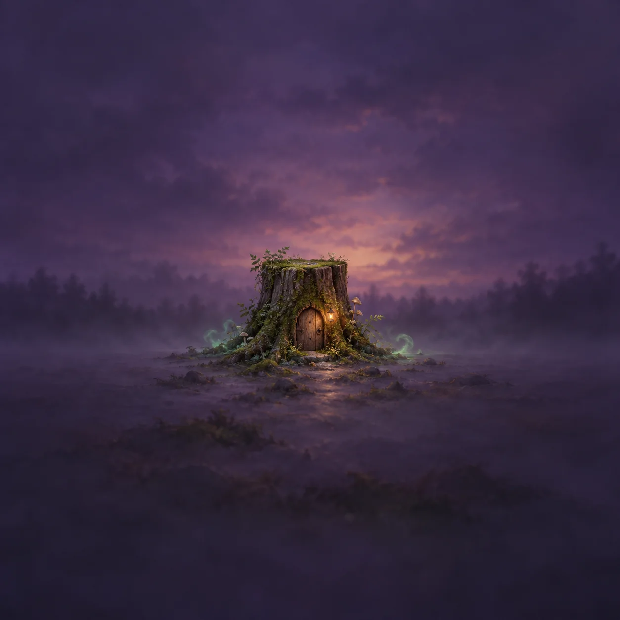 A moss-covered tree stump with a tiny wooden door glows amid faint green mist in a purple twilight landscape.