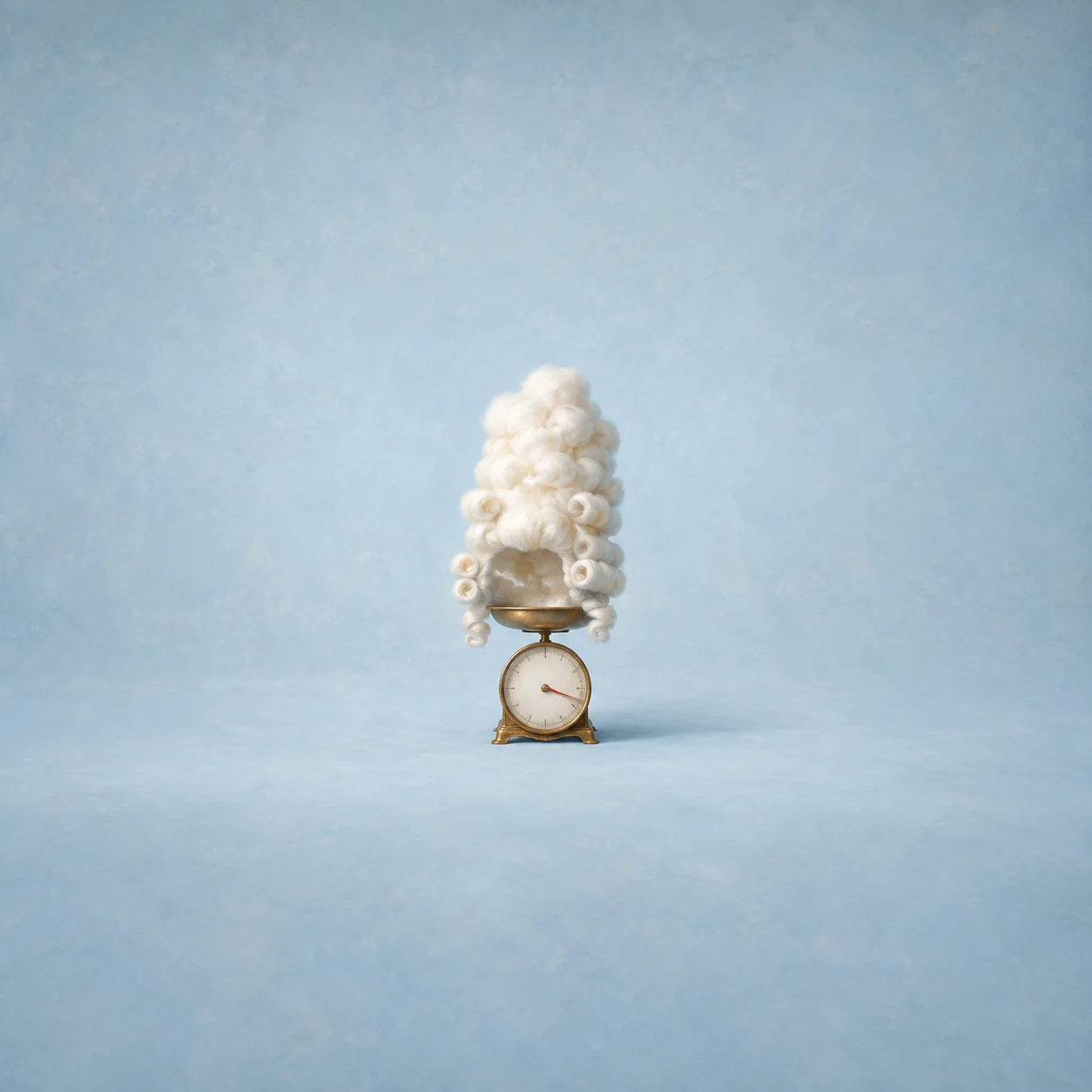 A tall white curled wig resting on a small brass weighing scale against a pale blue background.