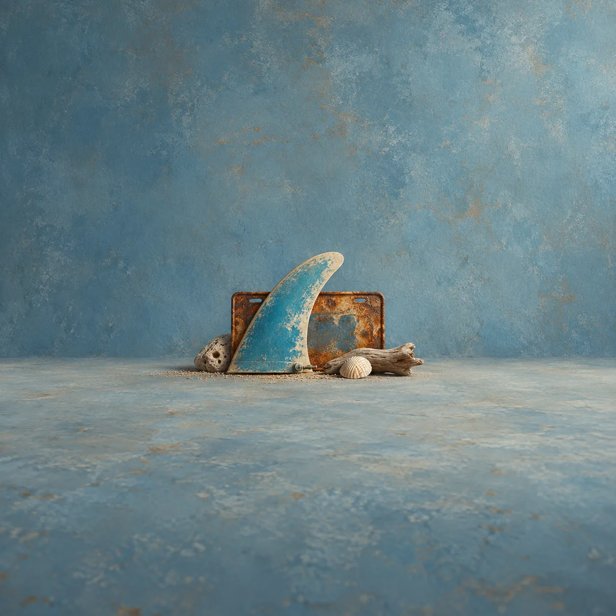 A weathered blue surfboard fin leans against a rusty metal plate beside shells and driftwood on blue ground.