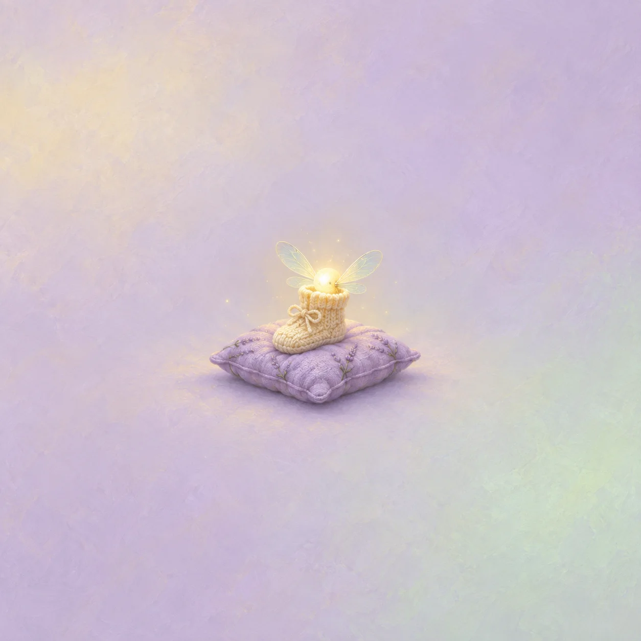 A knitted baby bootie holding a small glowing spark with delicate translucent wings on a lavender pillow.