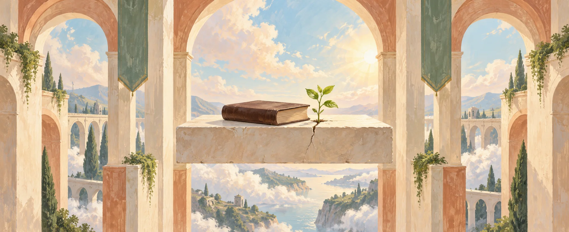 A closed brown book and a green seedling rest on a cracked cream stone ledge among sunlit arches.