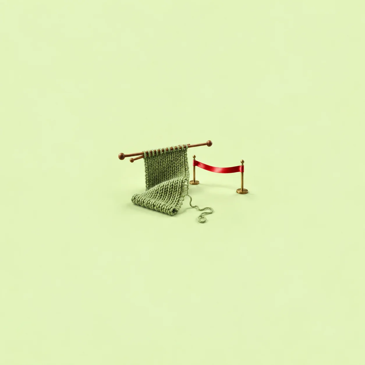 A partly knitted green scarf hangs from needles beside a short red ribbon barrier against pale lime.
