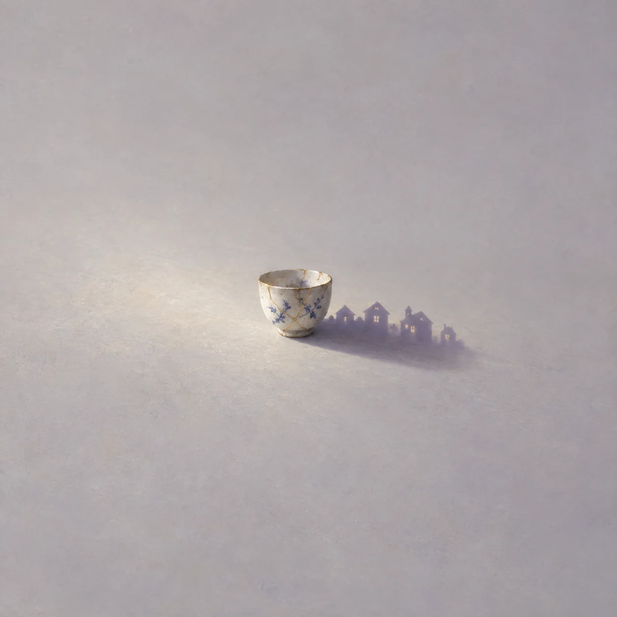 A cracked ceramic teacup with gold seams casting a violet shadow shaped like small houses on a gray surface.