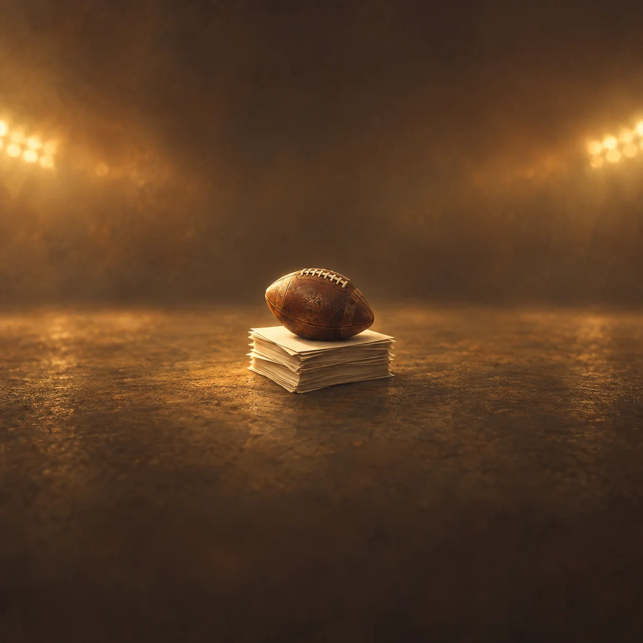 Painterly worn leather football on a stack of papers beneath distant stadium lights.