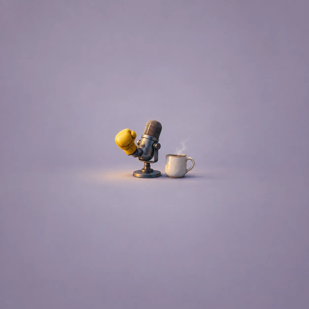 A yellow boxing glove hangs from a tabletop microphone beside a steaming white mug against lilac.