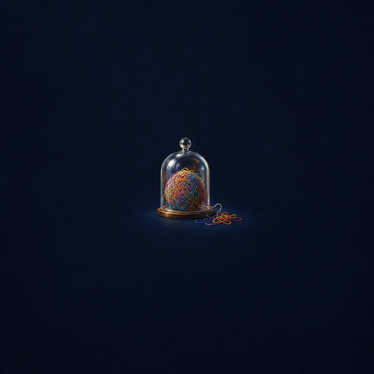A tangled ball of colorful thread beneath a glass dome, with loose strands beside it against a midnight-blue background.