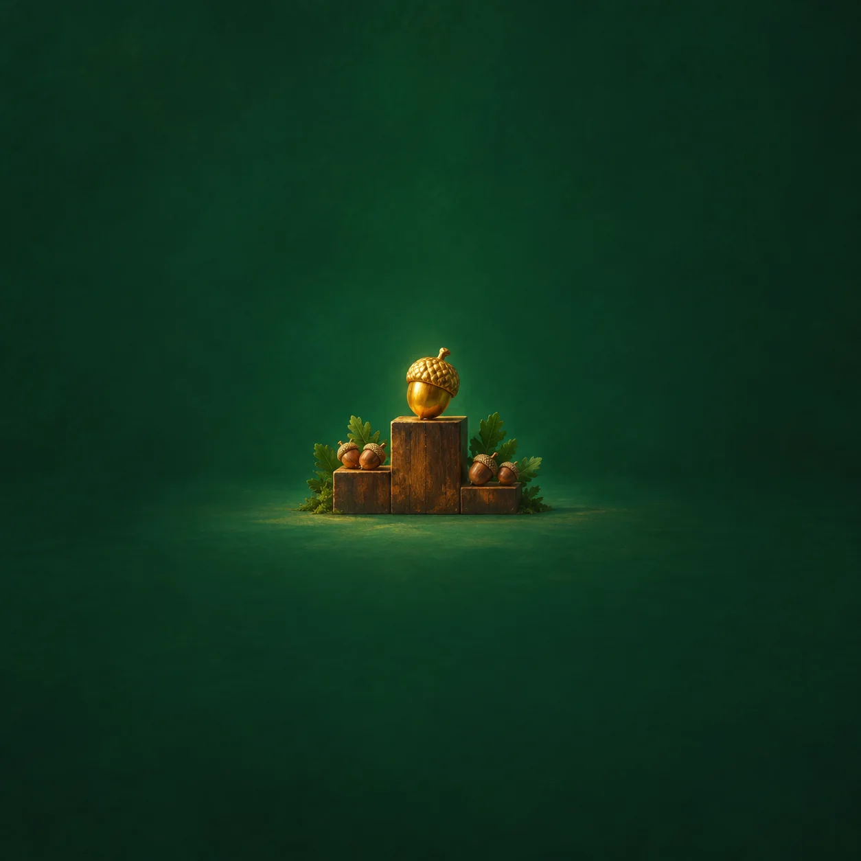 A gold-coloured acorn stands at the top of a small wooden podium, with smaller acorns and green leaves below.