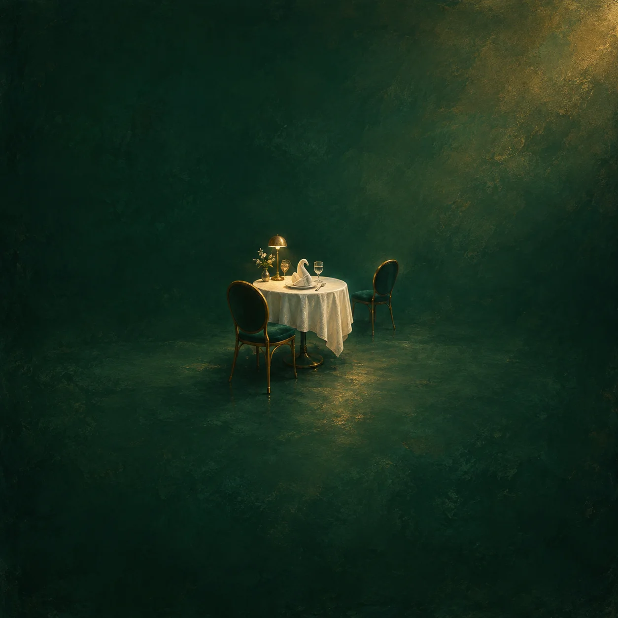 Two empty chairs stand beside a small round dining table with a white cloth, folded swan napkin and lamp.