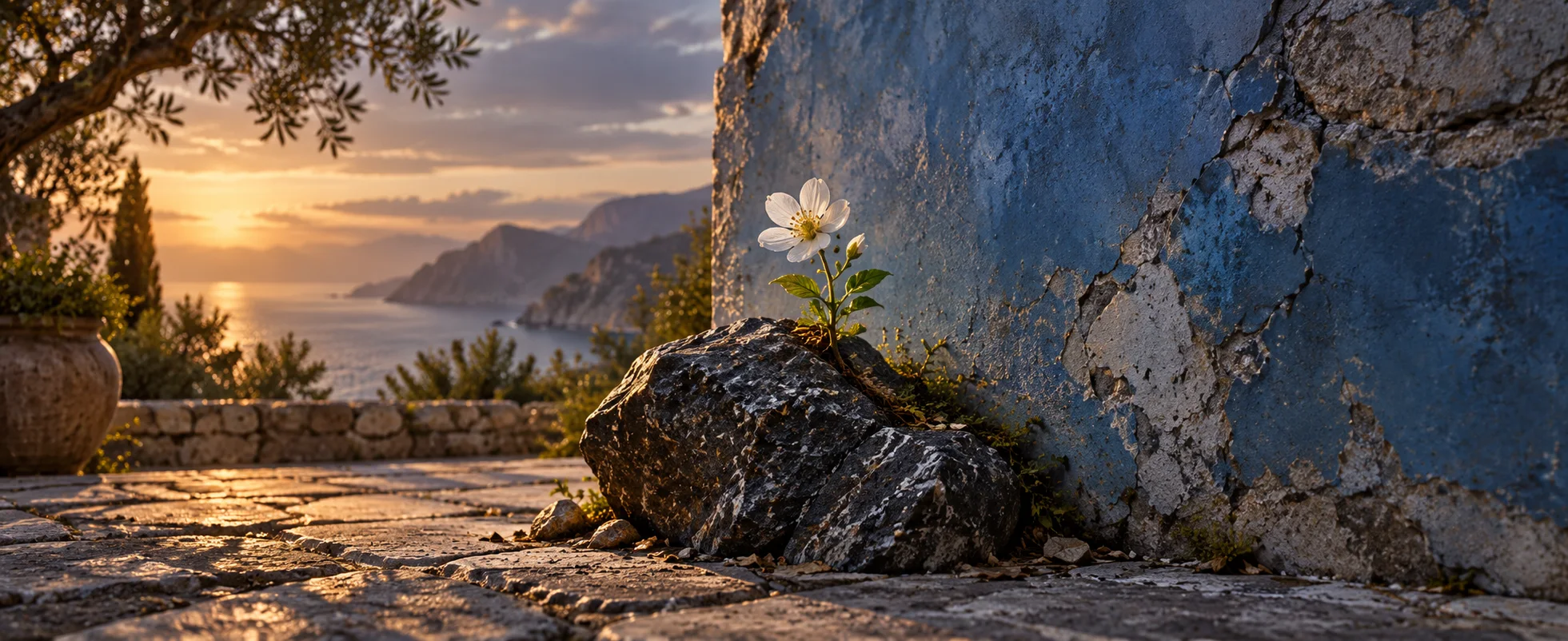 A small white flower grows beside a dark stone and a wind-worn blue wall.
