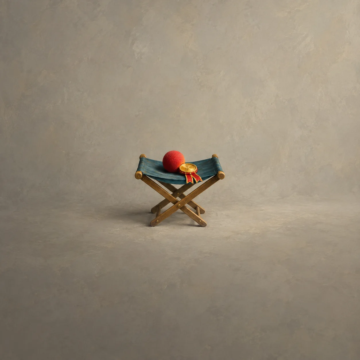 A red clown nose and a gold rosette resting on the teal seat of a small folding stool against a warm gray background.