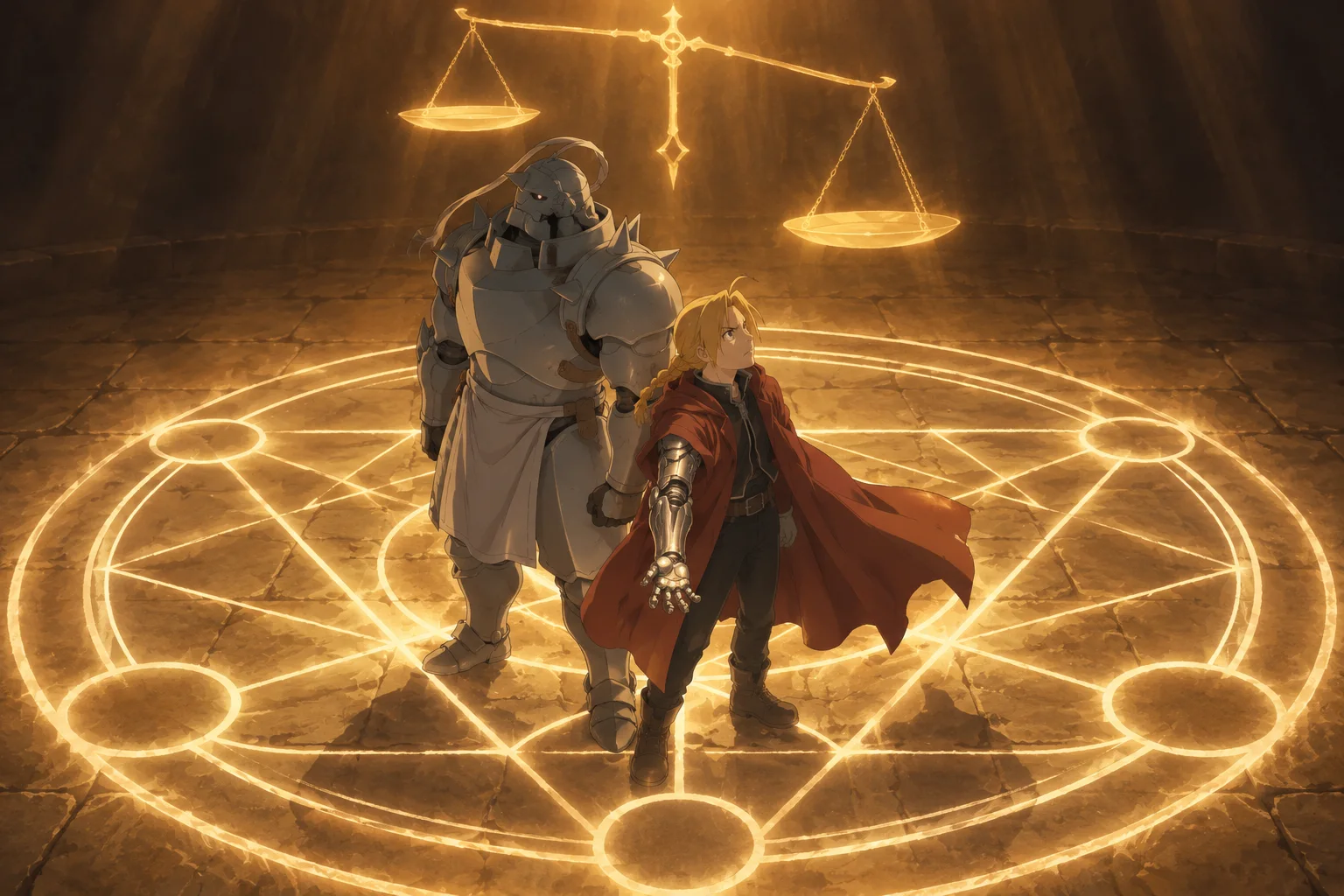 Anime illustration: a boy in a red cloak with a metal arm stands in a glowing golden alchemy circle beside a tall, hulking suit of armour, both looking up at a huge luminous set of balance scales hanging overhead.