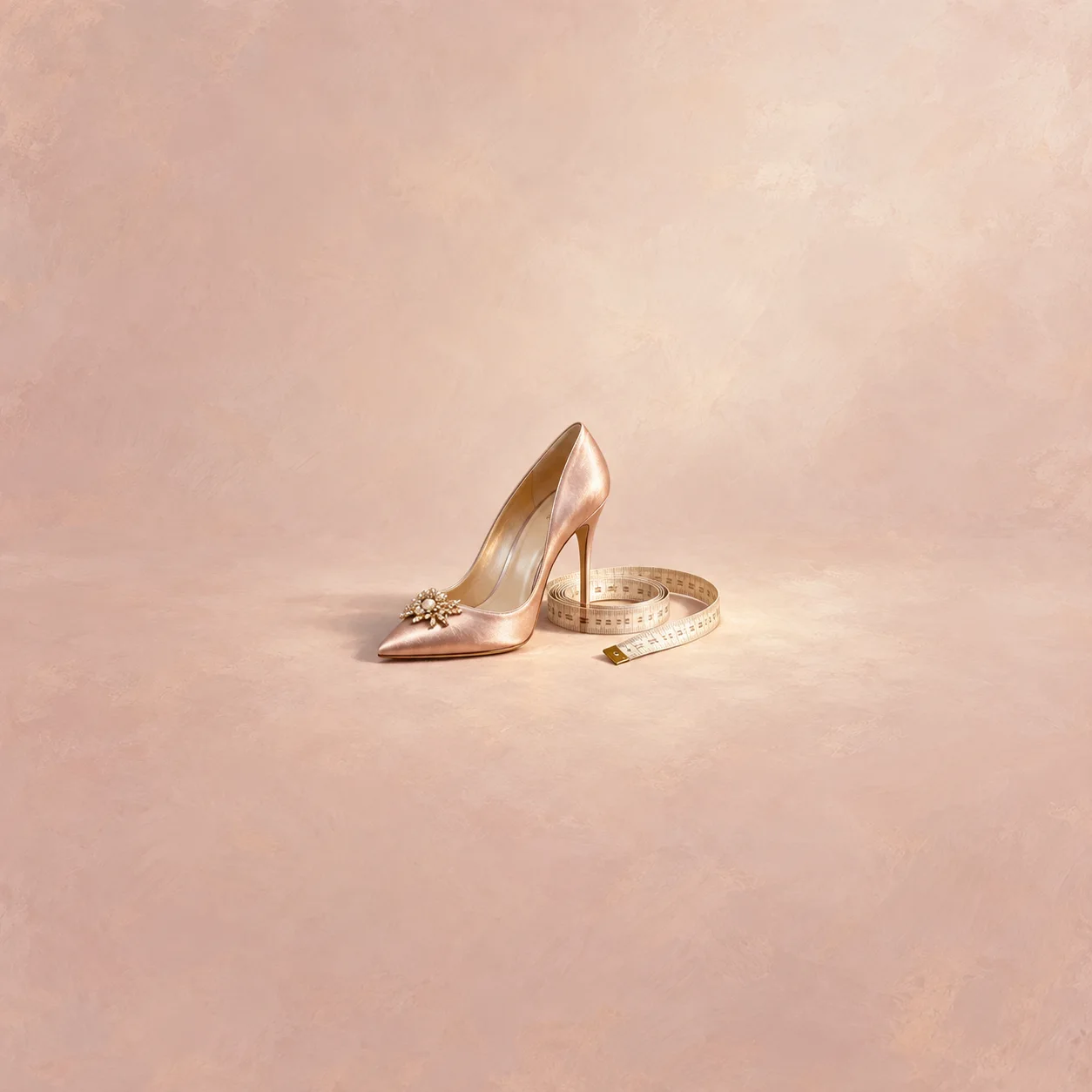 A pale pink high-heeled shoe with a small floral decoration stands beside a curled measuring tape.