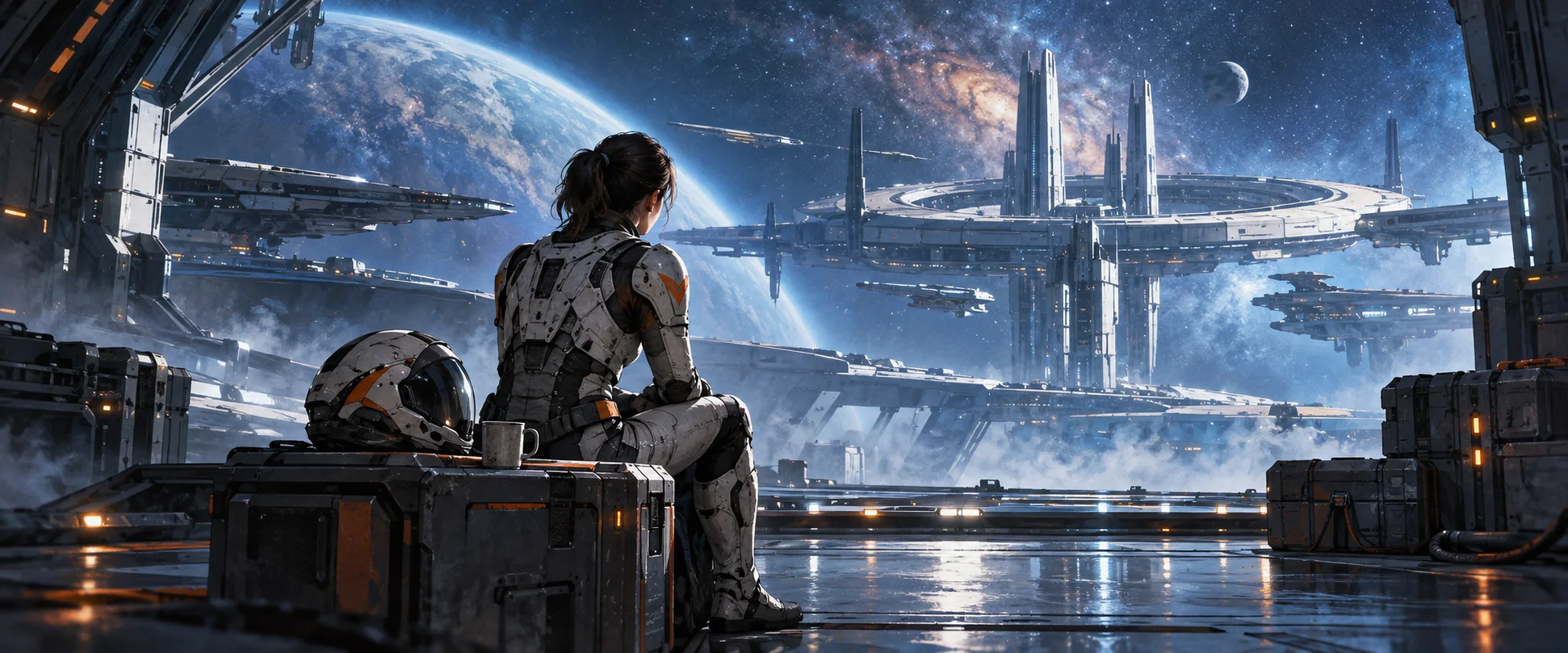 A woman in a white space suit sits on a crate in a vast space-station hangar overlooking a nebula.