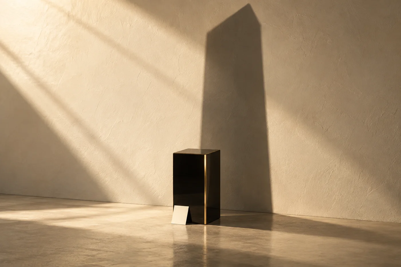 A small black pedestal and blank card stand beneath a tall shadow on a pale wall.