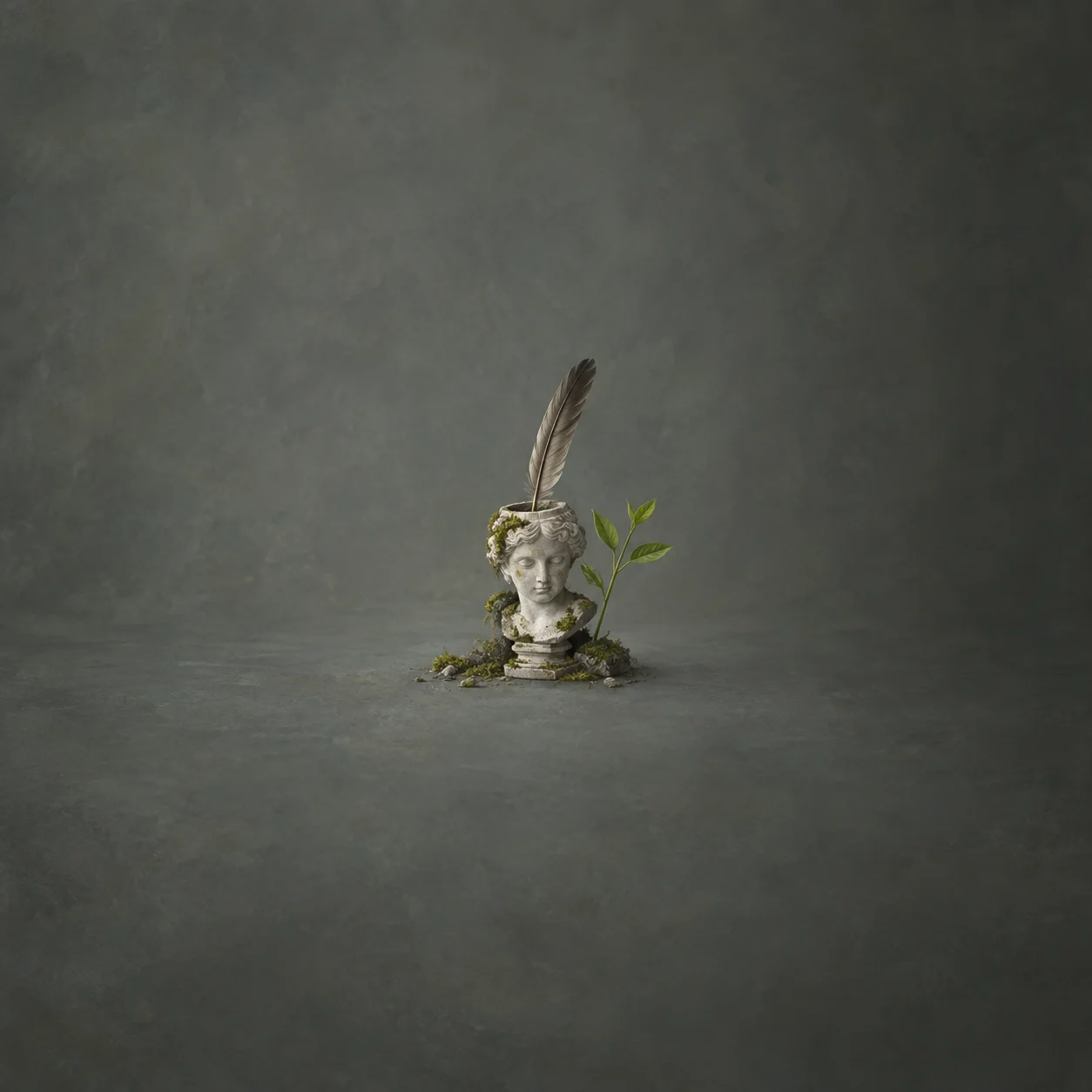 An upright feather in a small pale bust surrounded by moss and a green sprout against a slate-gray background.