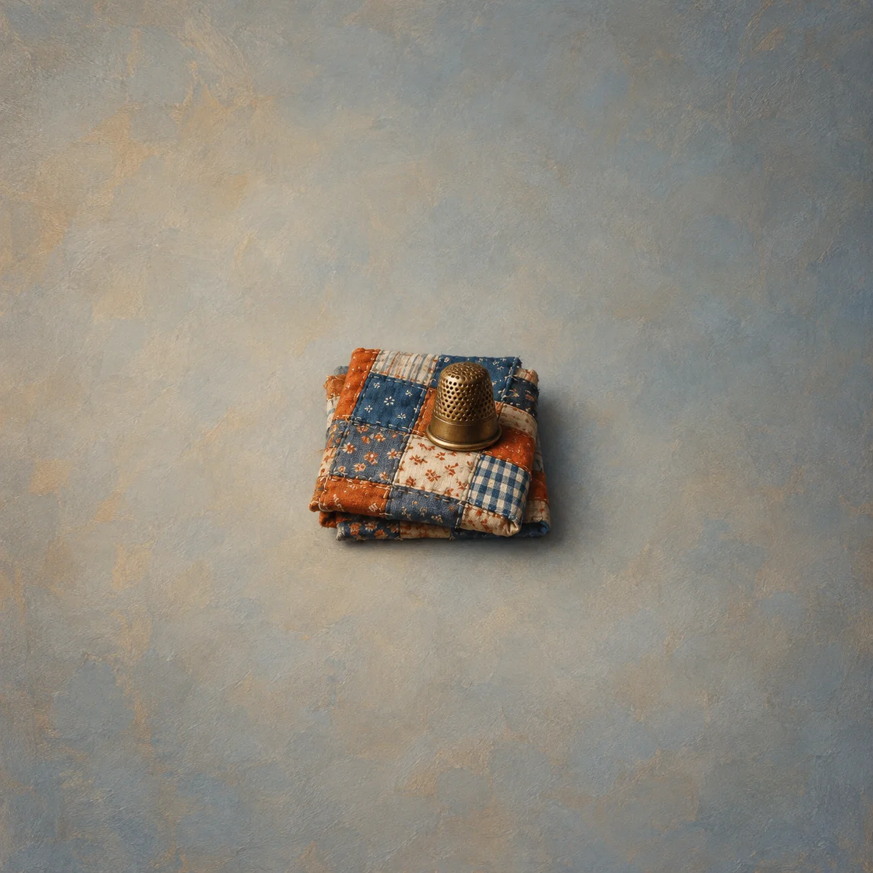 A brass thimble resting on folded patchwork fabric against a muted blue-gray background.