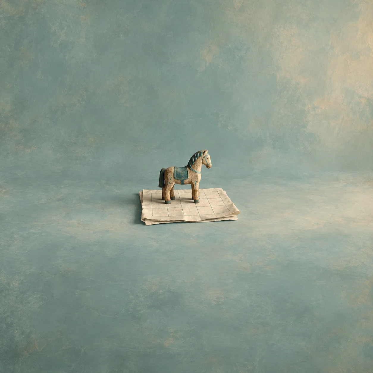 A small carved wooden horse stands on folded sheets of gridded paper against a muted teal background.