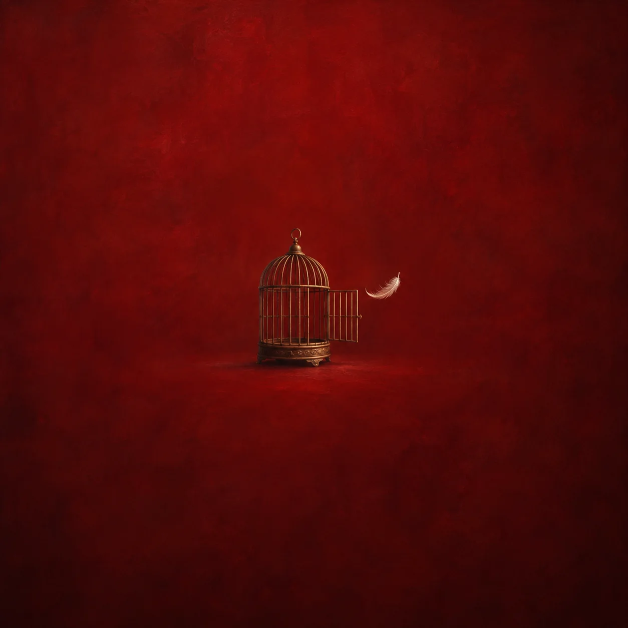 An empty gold birdcage has its door open while a pale feather drifts beside it against a deep red background.