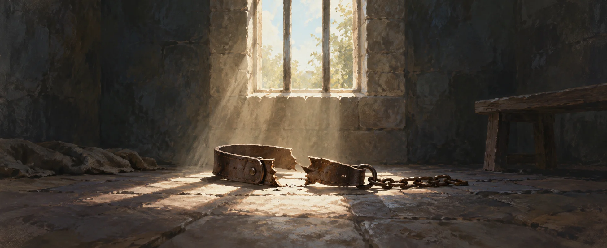 Broken metal restraints lie beneath a bright stone window in an otherwise dim enclosure.