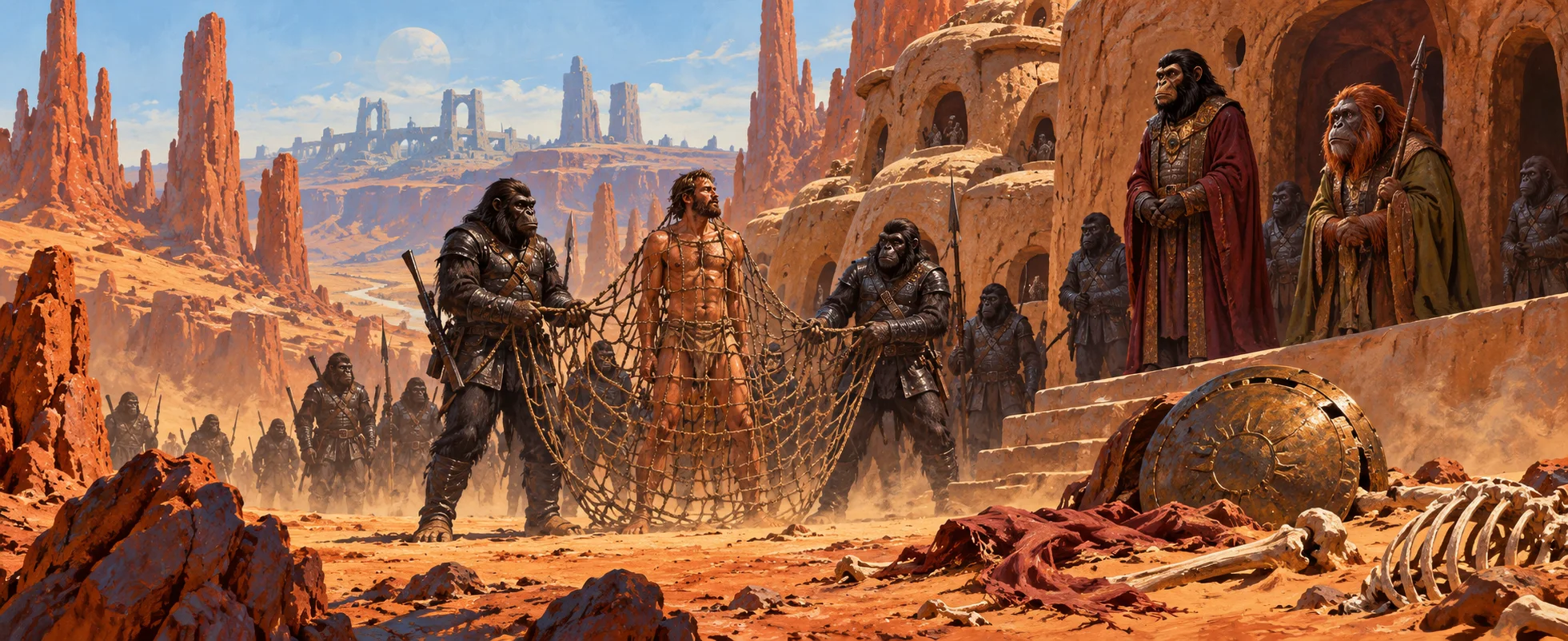 Gorilla soldiers in black leather catch a shirtless human in a rope net in a desert ape city, a chimpanzee and an orangutan in robes looking on.