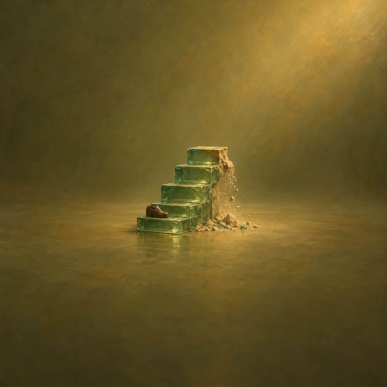 A miniature staircase of green glass steps crumbling into sand, with a small brown shoe on the bottom step.
