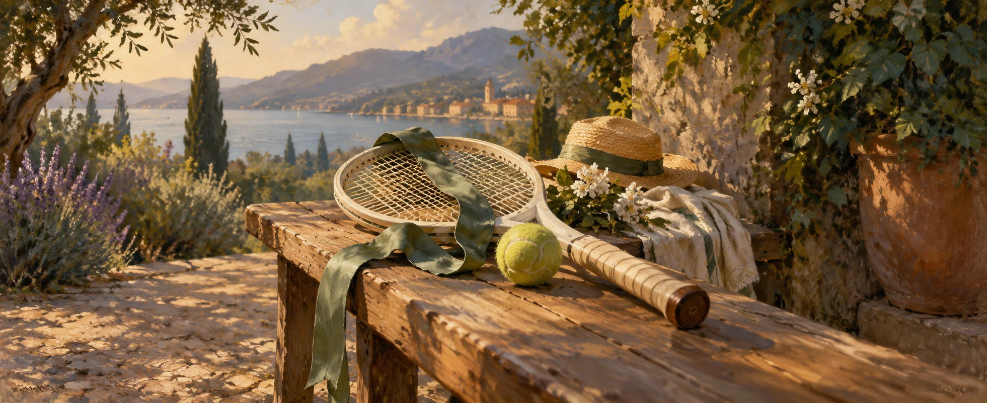 Tennis rackets, a yellow ball and pale green cloth rest on a sunny wooden bench.