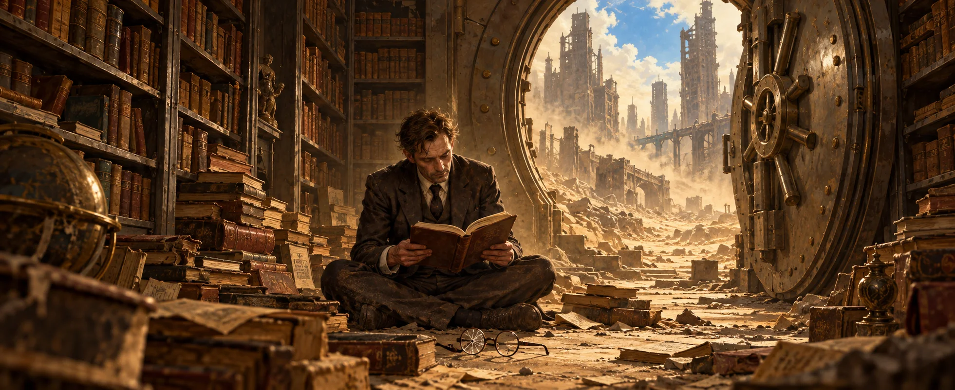 A bespectacled man in a suit sits reading among piles of books in an open bank vault, a ruined city visible through the vault door.