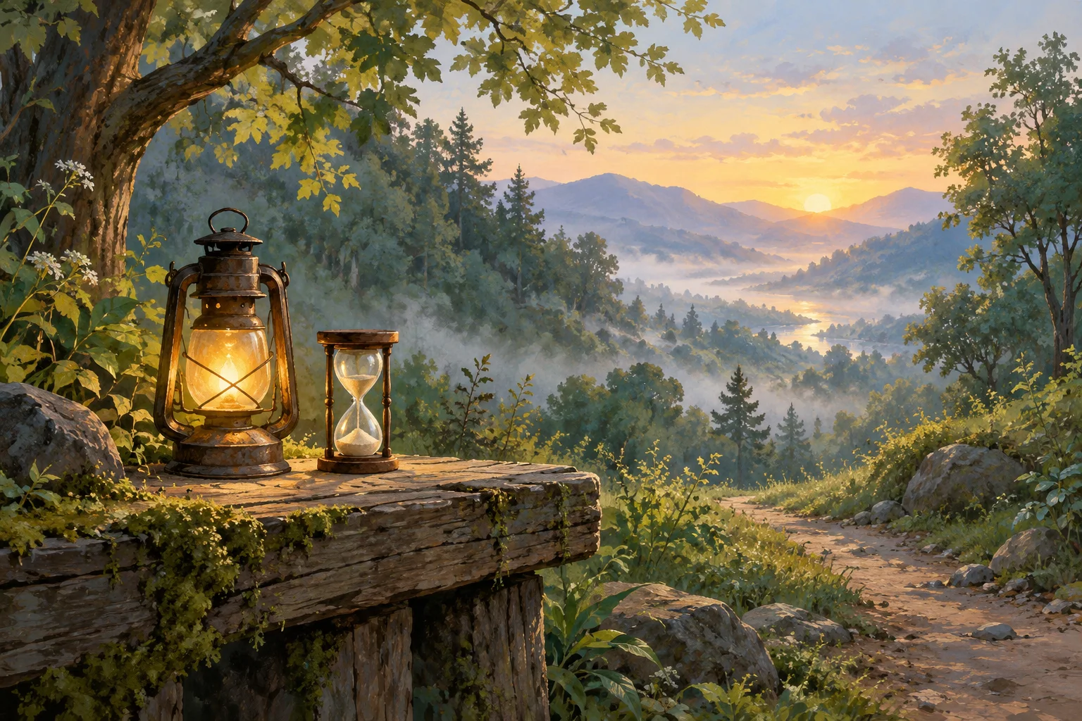 An hourglass and a small lamp sit beside a winding woodland path catching the first light of dawn.