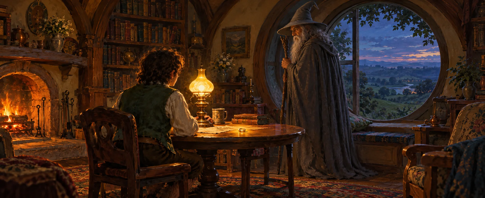 Inside a lamplit hobbit-hole study, a young hobbit sits at a table by the fire while a tall grey wizard with a staff stands at the round window.