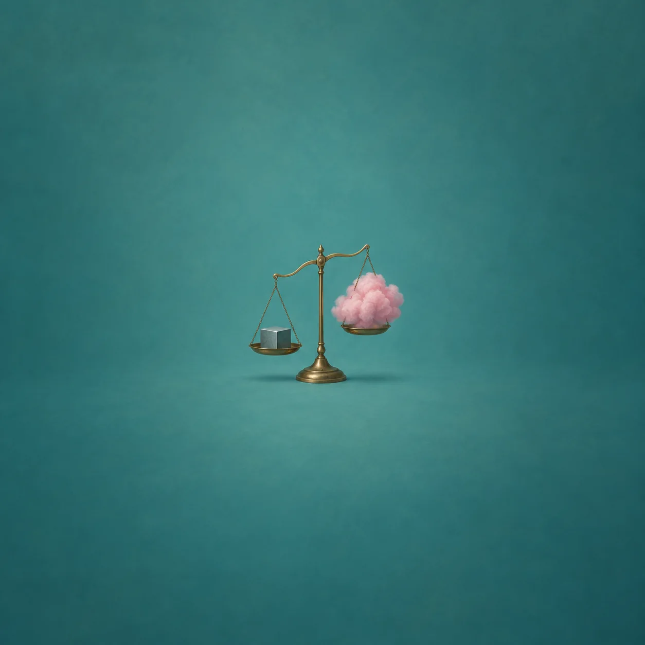 A brass balance scale holding a gray cube on one pan and a pink cloud on the other against a teal background.