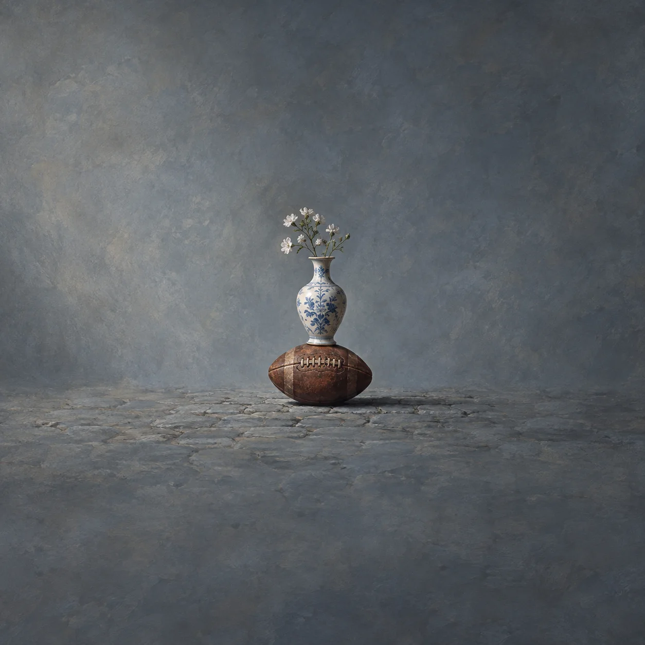 Painterly blue and white vase of small flowers balanced on a worn leather football.