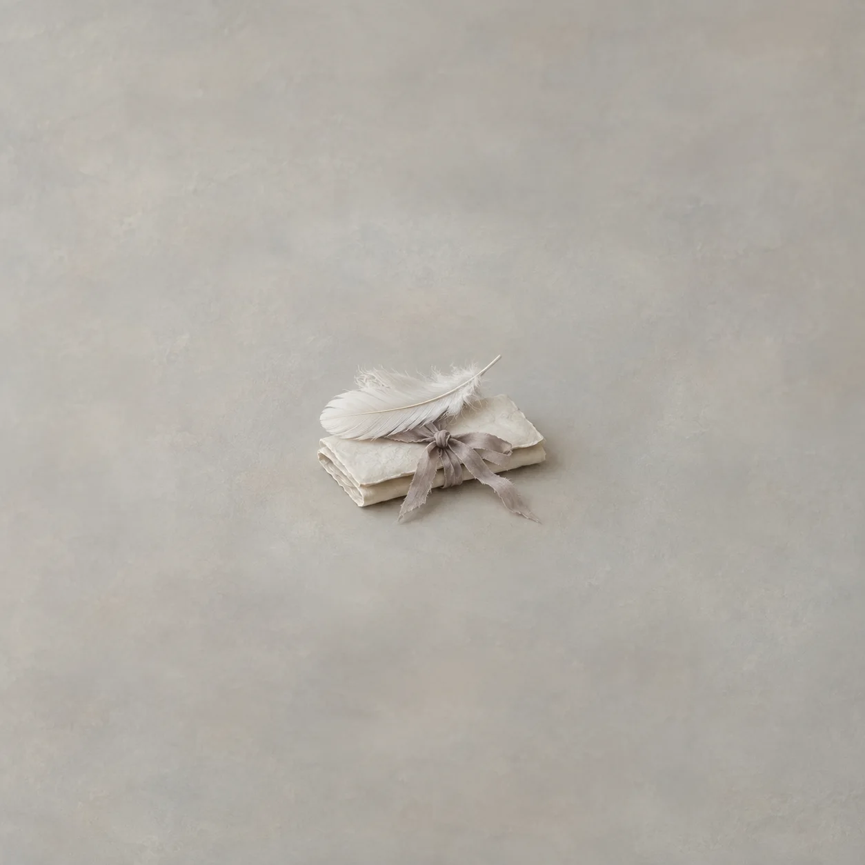 Painterly white feather on folded cream paper tied with a faded grey ribbon.