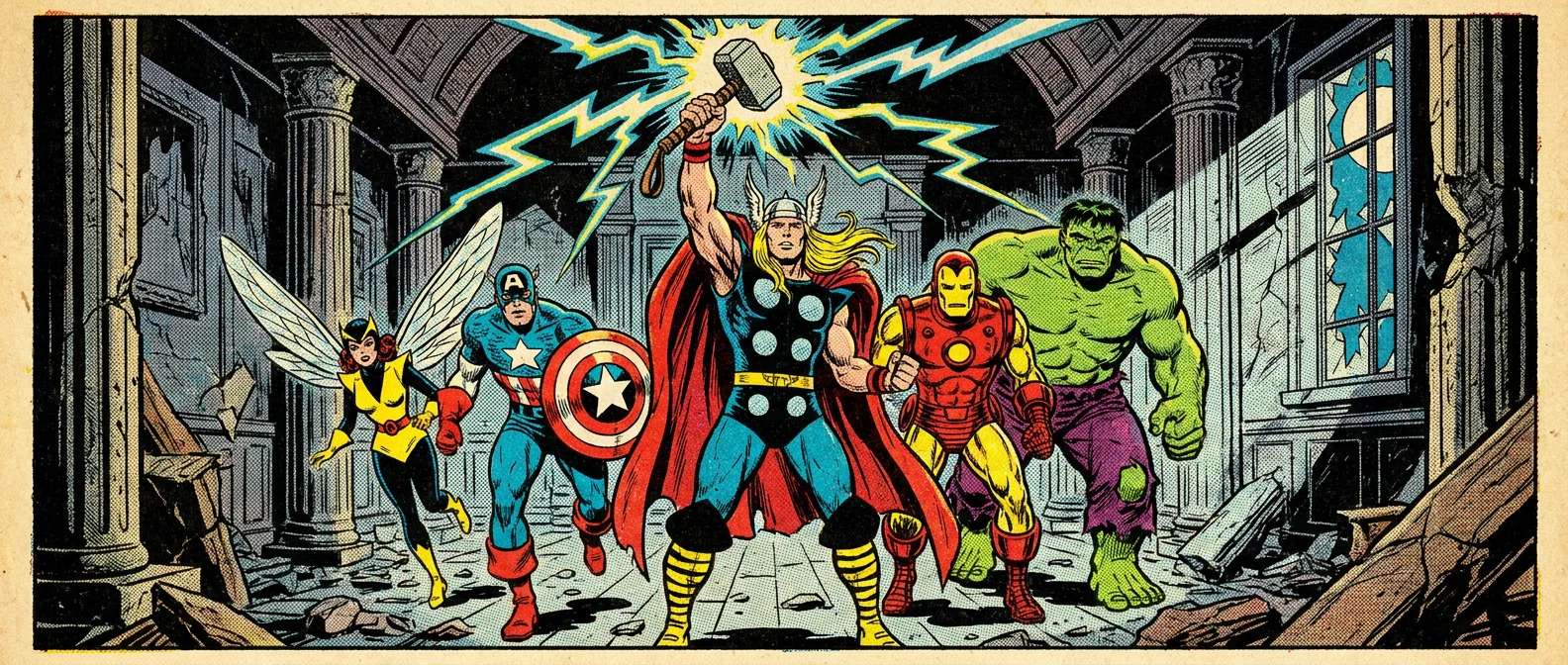 Silver Age comic illustration: a team of costumed heroes advance through a ruined hall, led by a winged-helmeted man raising a hammer that crackles with lightning, beside a shield bearer, a winged woman, an armoured red-and-gold figure and a green giant.